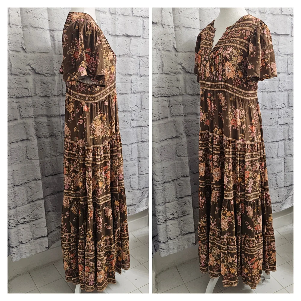 Spell The Meadowland Flutter Sleeve Dress In Hazelnut Size Small - Picture 12 of 16